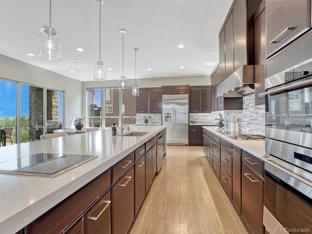9395 Night Star Pl, Lone Tree, CO 80124 - kitchen with stainless steel appliances, recessed lighting, healthy amount of natural light, light wood-style flooring, and pendant lighting
