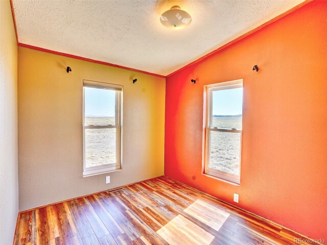 spare room with ornamental molding, a textured ceiling, and wood finished floors