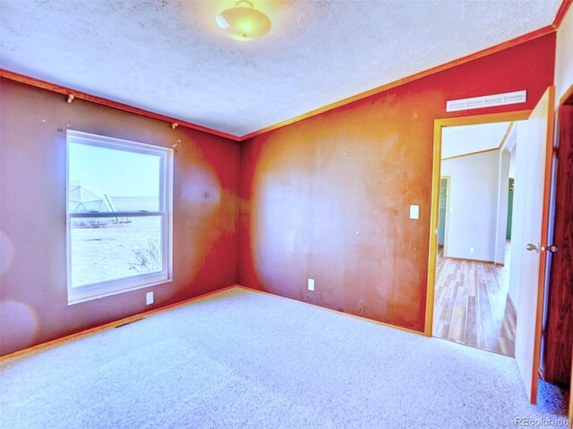 carpeted spare room featuring baseboards, a textured ceiling, and visible vents