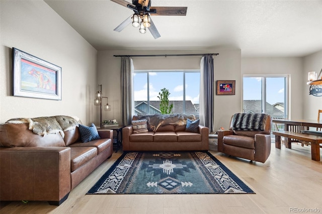 living area featuring a ceiling fan, wood finished floors, and plenty of natural light