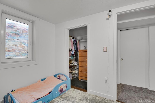 carpeted bedroom featuring a spacious closet and a closet