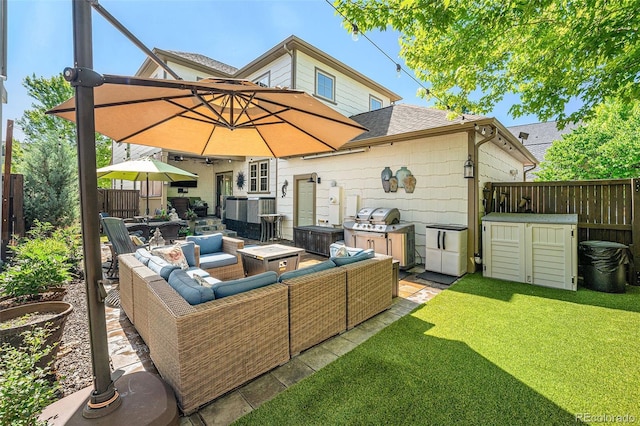 3357 N Akron Ct, Denver, CO 80238 - rear view of house featuring an outdoor hangout area, a shingled roof, and a patio area