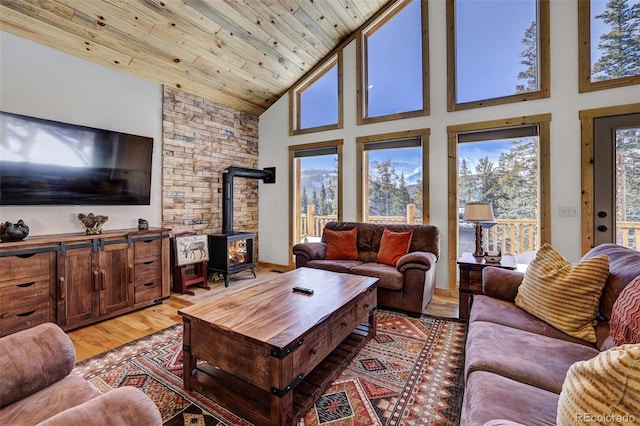 living room with plenty of natural light, a wood stove, wood ceiling, and light hardwood / wood-style floors