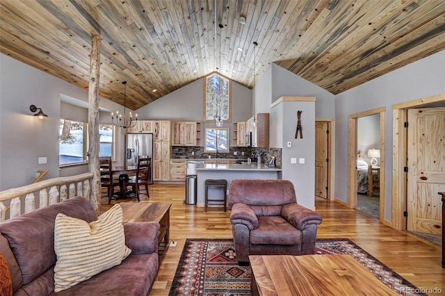 living room featuring high vaulted ceiling, a chandelier, wood ceiling, and light hardwood / wood-style floors