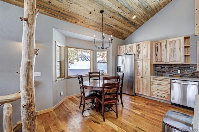 kitchen with pendant lighting, wood ceiling, light hardwood / wood-style flooring, appliances with stainless steel finishes, and light brown cabinetry