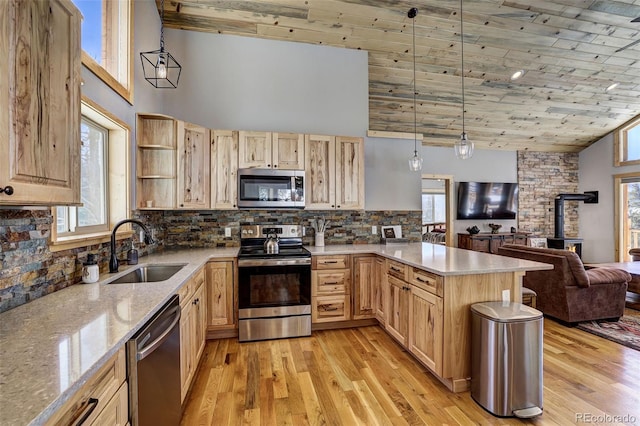 kitchen with appliances with stainless steel finishes, light brown cabinetry, decorative light fixtures, sink, and a wood stove