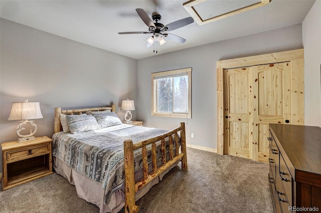 carpeted bedroom with ceiling fan