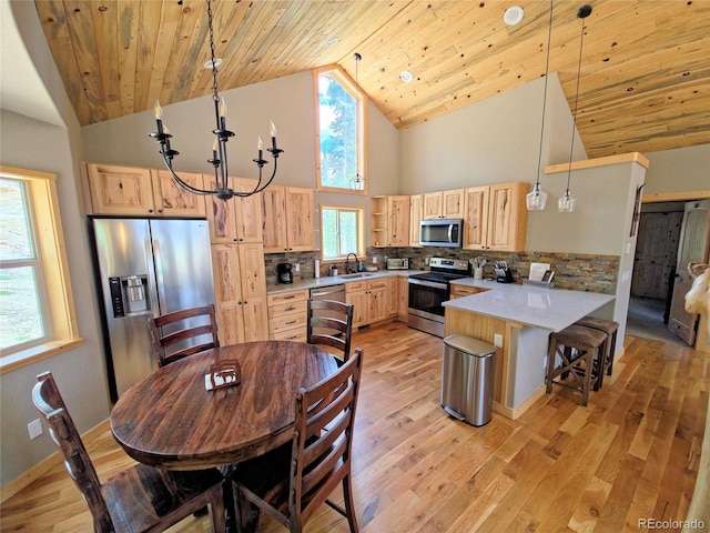 207 Pine Cone Way, Fairplay, CO 80440 - kitchen featuring appliances with stainless steel finishes, light brown cabinetry, a peninsula, light countertops, and open shelves