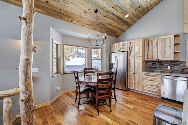 207 Pine Cone Way, Fairplay, CO 80440 - dining area with a chandelier, lofted ceiling, light wood-style flooring, and wood ceiling
