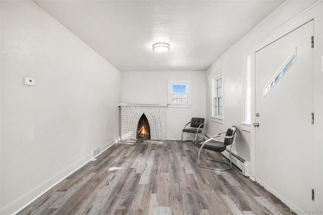 interior space featuring hardwood / wood-style floors, baseboard heating, and a fireplace