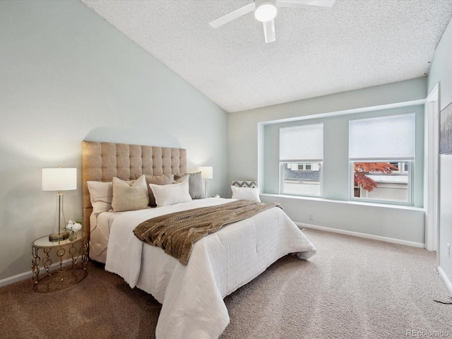 carpeted bedroom with a ceiling fan, baseboards, a textured ceiling, and lofted ceiling