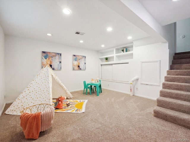 game room with visible vents, baseboards, recessed lighting, and carpet