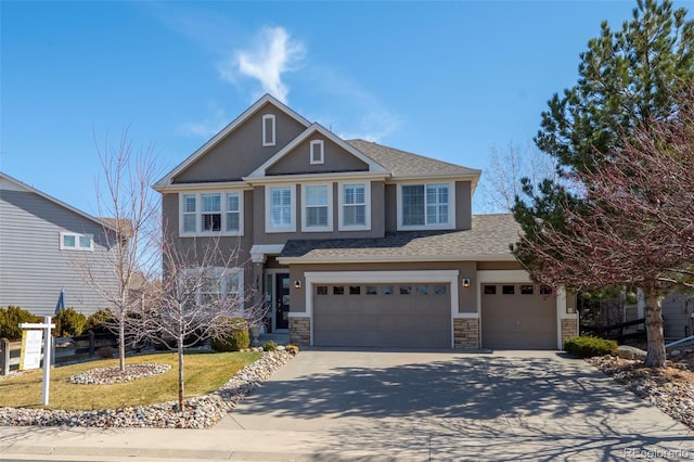 craftsman inspired home with driveway, a shingled roof, stucco siding, a garage, and stone siding