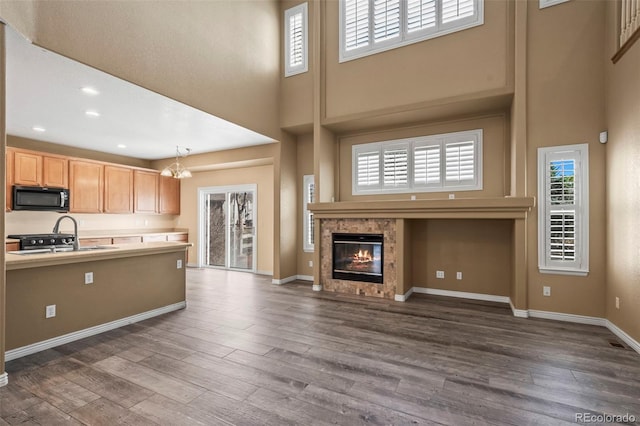 kitchen featuring dark wood-type flooring, baseboards, open floor plan, light countertops, and a fireplace