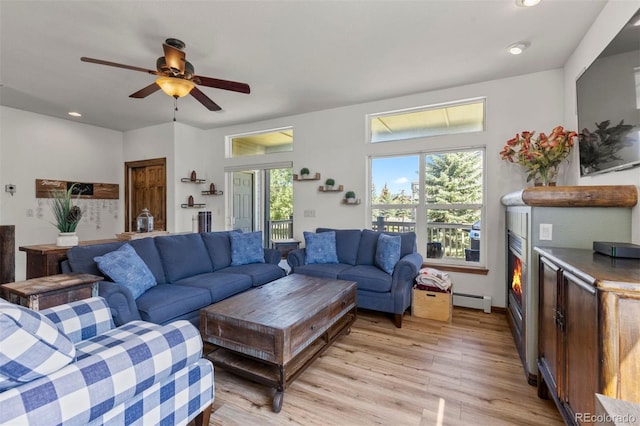 107 Mountain Vista Ln, Silverthorne, CO 80498 - living area featuring light wood-style floors, ceiling fan, recessed lighting, and baseboard heating