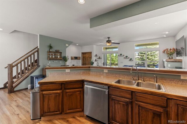 107 Mountain Vista Ln, Silverthorne, CO 80498 - kitchen featuring stainless steel dishwasher, light wood finished floors, recessed lighting, and a ceiling fan