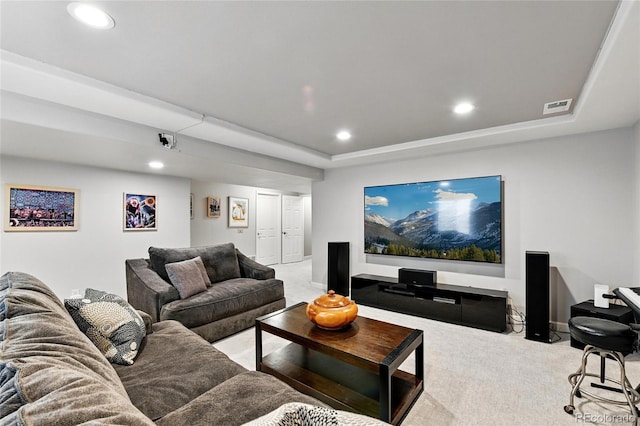 6776 Salvia Ct, Arvada, CO 80007 - cinema room featuring light carpet, recessed lighting, a raised ceiling, and baseboards
