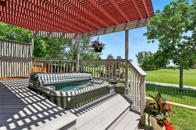 6776 Salvia Ct, Arvada, CO 80007 - wooden deck with a covered hot tub, a pergola, and a yard
