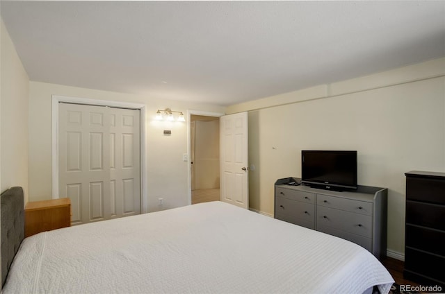 bedroom featuring wood-type flooring and a closet