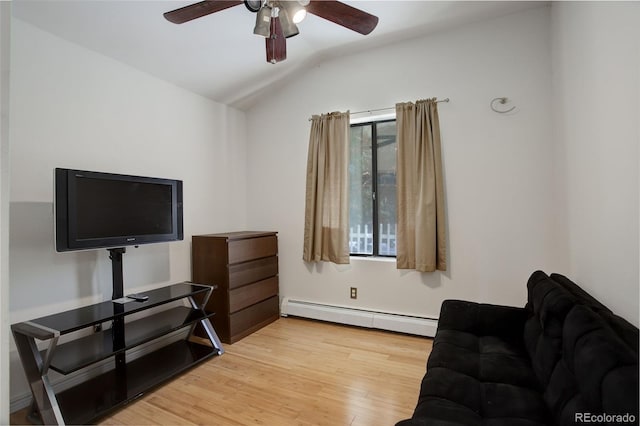 living room featuring ceiling fan, light hardwood / wood-style floors, lofted ceiling, and a baseboard radiator