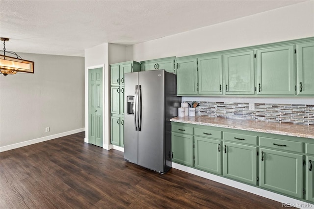 9765LAPINTURAPT La Pintura Pt, Fountain, CO 80817 - kitchen with stainless steel fridge, backsplash, dark wood-type flooring, a chandelier, and green cabinetry