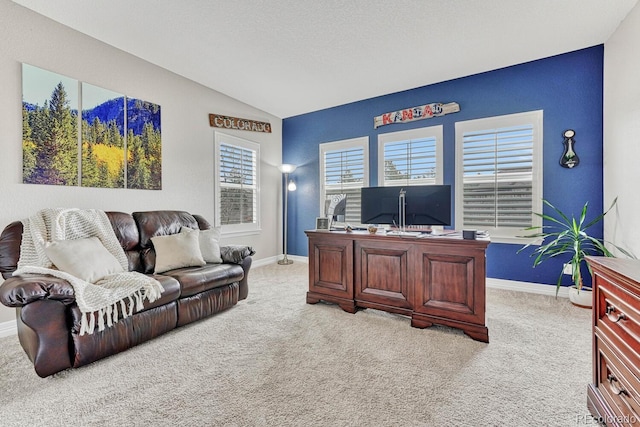 office featuring vaulted ceiling, light carpet, and a textured ceiling