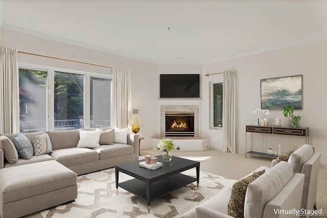 living area with ornamental molding, a fireplace, and carpet flooring