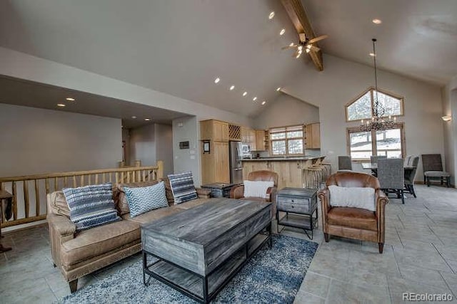living room with high vaulted ceiling, a ceiling fan, beam ceiling, and a chandelier