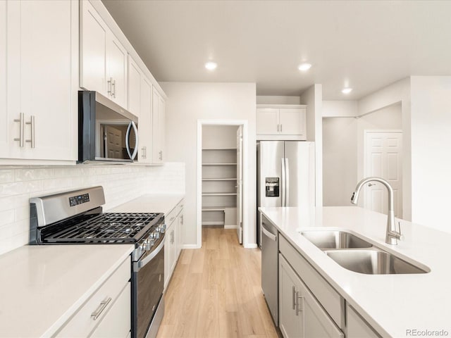 kitchen featuring a sink, white cabinetry, appliances with stainless steel finishes, light wood finished floors, and decorative backsplash