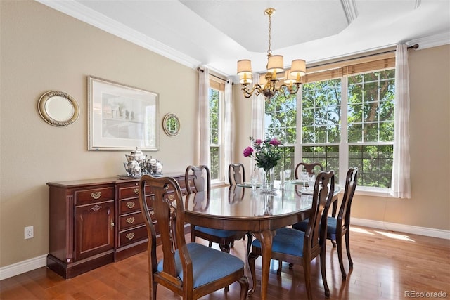 5120 Langdale Way, Colorado Springs, CO 80906 - dining room with a chandelier, wood finished floors, ornamental molding, and a tray ceiling