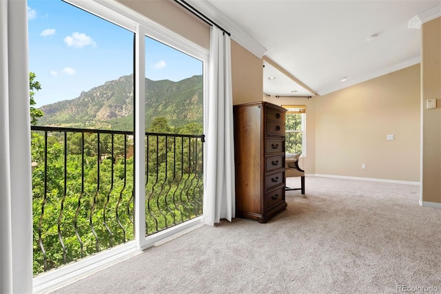 5120 Langdale Way, Colorado Springs, CO 80906 - carpeted spare room featuring a mountain view, ornamental molding, healthy amount of natural light, and lofted ceiling