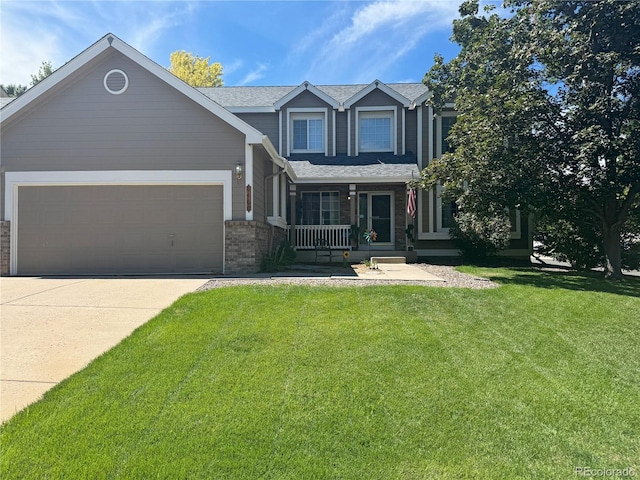 view of front of house featuring a porch, a garage, and a front lawn