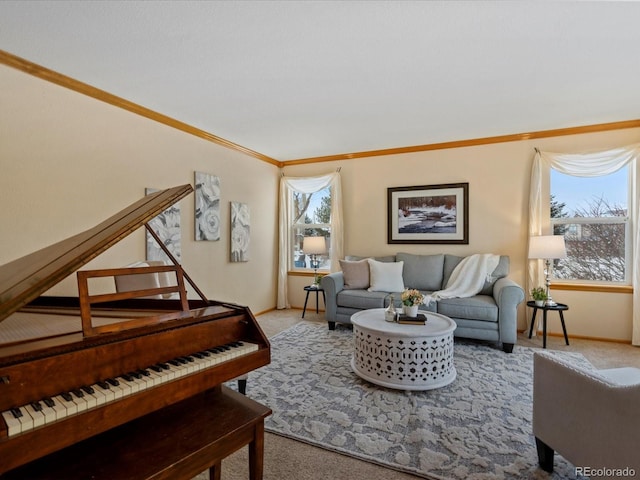 carpeted living room with crown molding