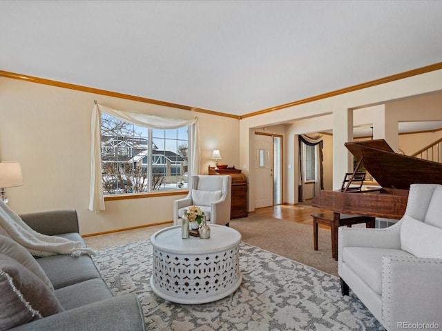 living room with light carpet and crown molding