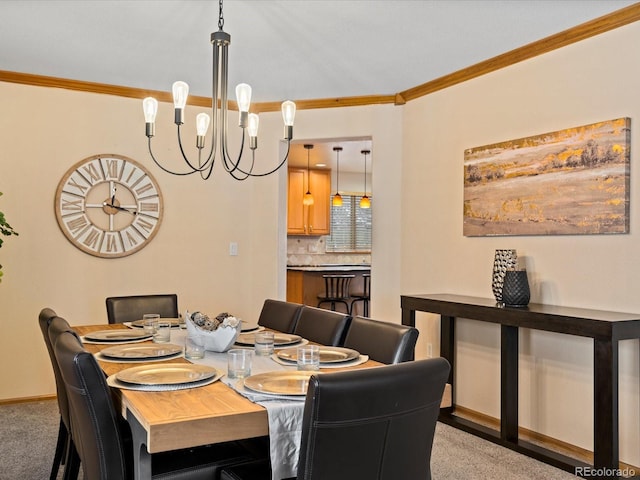 dining room with ornamental molding, light colored carpet, and a notable chandelier