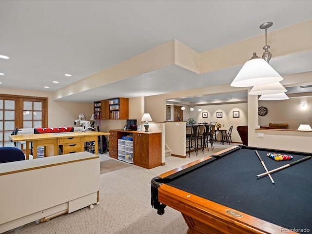 playroom featuring billiards, light colored carpet, and bar