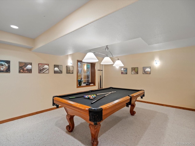 rec room with carpet floors and billiards