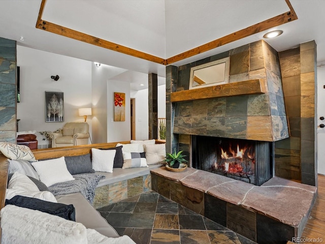 5884 S Hanover Way, Greenwood Village, CO 80111 - living room featuring a tile fireplace