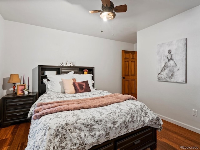 5884 S Hanover Way, Greenwood Village, CO 80111 - bedroom featuring dark wood-style floors, baseboards, and ceiling fan