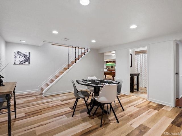 5884 S Hanover Way, Greenwood Village, CO 80111 - dining area featuring stairs, light wood-style flooring, baseboards, and recessed lighting