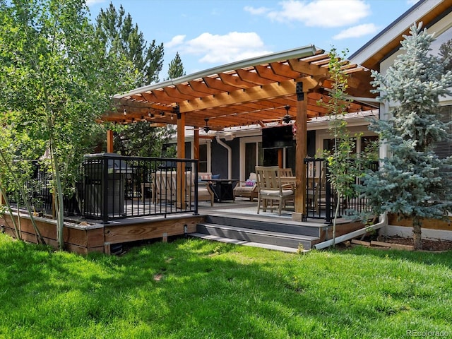 5884 S Hanover Way, Greenwood Village, CO 80111 - back of house with a wooden deck, a pergola, and a yard