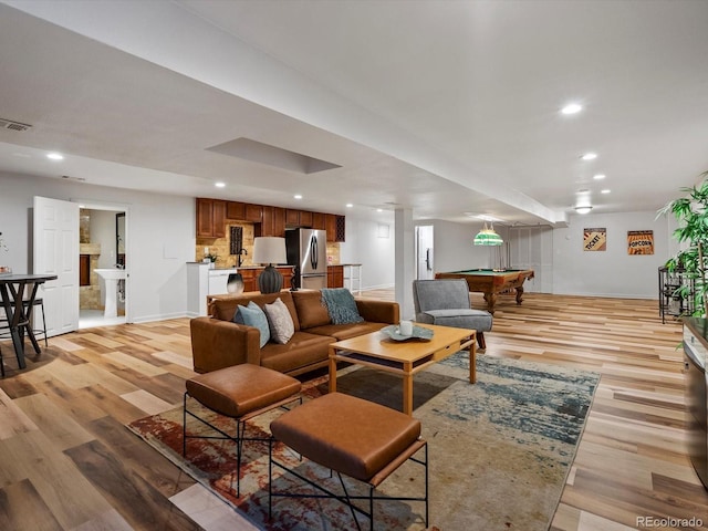 5884 S Hanover Way, Greenwood Village, CO 80111 - living room featuring pool table, recessed lighting, light wood finished floors, and baseboards