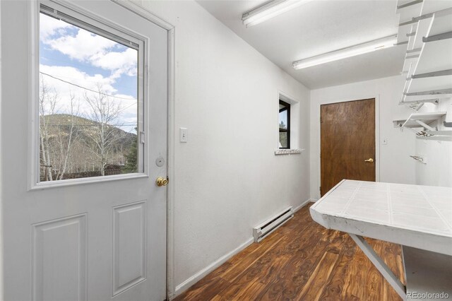 26063 Morris Ave, Conifer, CO 80433 - doorway with a baseboard radiator, dark wood-style flooring, and baseboards