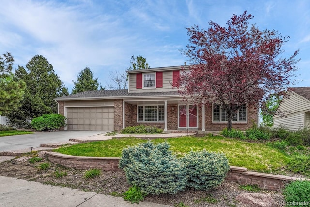 7100 S Hudson Cir, Centennial, CO 80122 - traditional-style home featuring concrete driveway, brick siding, a porch, and a garage