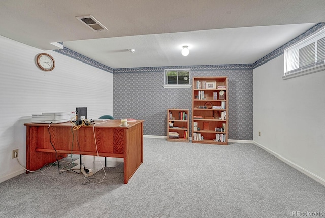 7100 S Hudson Cir, Centennial, CO 80122 - carpeted office space featuring visible vents, baseboards, and wallpapered walls