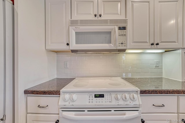 7100 S Hudson Cir, Centennial, CO 80122 - kitchen featuring white cabinetry, white appliances, and tasteful backsplash