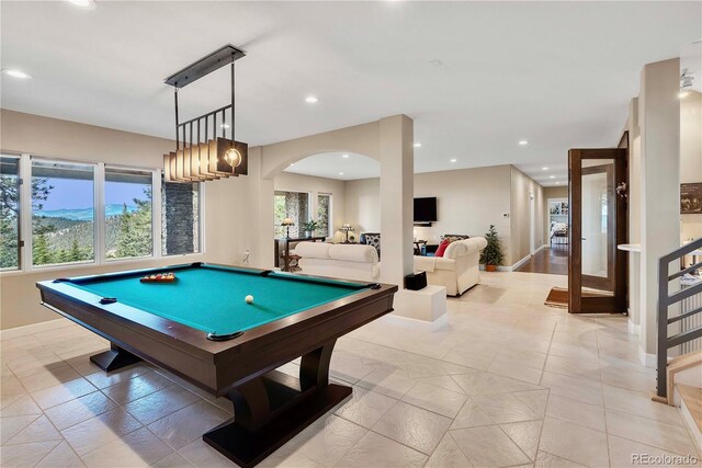 playroom featuring arched walkways, baseboards, pool table, and recessed lighting