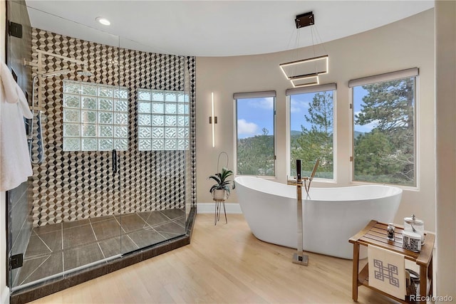 814 Neville Ln, Golden, CO 80401 - full bathroom with a freestanding bath, a stall shower, and wood finished floors