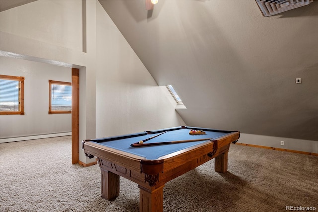 game room featuring a baseboard radiator, lofted ceiling, carpet flooring, and baseboards
