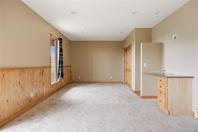unfurnished room with light carpet, a wainscoted wall, and wood walls